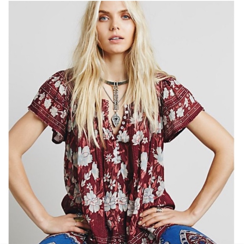 Free People One Hand Printed Peasant Blouse